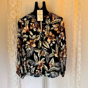 NWT Tommy BahamaCoastal Petals Satin Floral Print Banded Split V-Neck Blouse XS